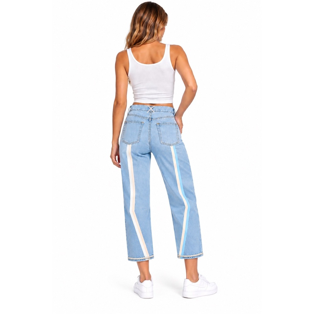 Still Here New York Beach Tate Vintage Blue Hand Painted Stripe Crop Jeans
